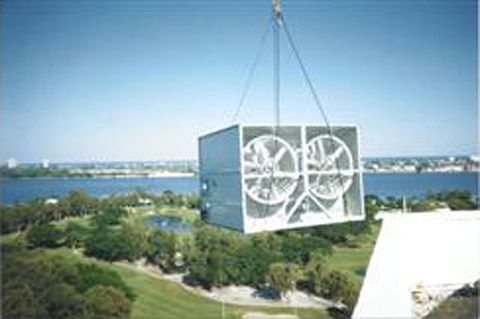 A commercial cooling tower installed outdoors