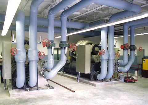 Industrial mechanical piping installed for a commercial HVAC system