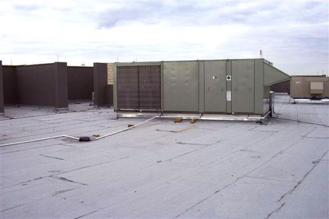Rooftop packaged air conditioning units on a commercial building